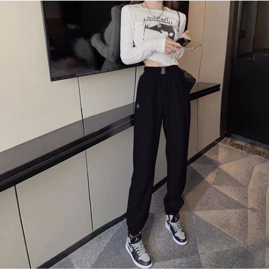 Quần nỉ nữ bom gấu trơn basic dáng thụng Quần nỉ jogger nam nữ len tăm bo gấu logo MẶT CƯỜI   Freeship  Sale