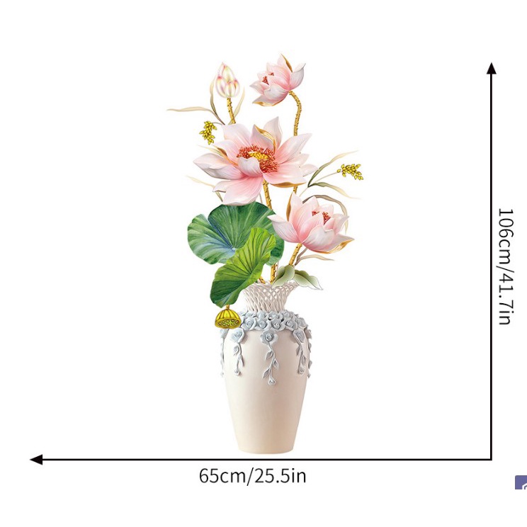 Tranh dán tường 3D Bình gốm hoa sen tuyệt đẹp KT 65x106cm, Decal trang trí phòng