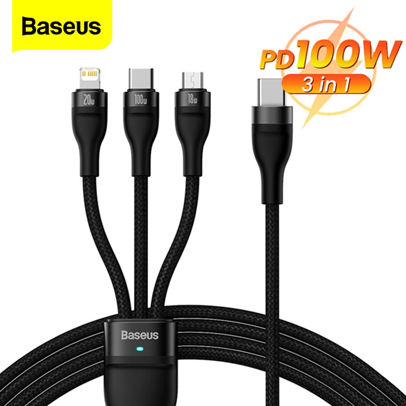 Dây Cáp Sạc Nhanh Baseus 3 Trong 1 PD 100W Cho iPhone 12 Pro Max Samsung Xiaomi Huawei