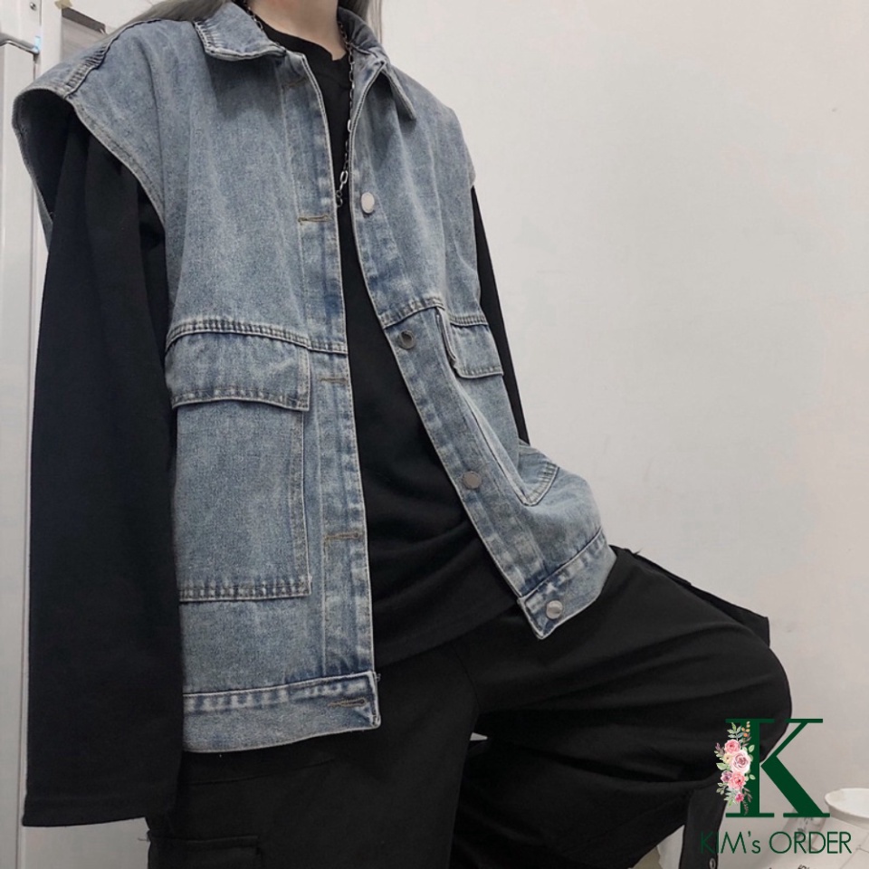 Áo Gile Bò Nam Nữ Phong Cách Cá Tính Áo Khoác Jeans Dáng Rộng Ulzzang Unisex Hàn Quốc Màu Xanh Màu Đen Đủ Size