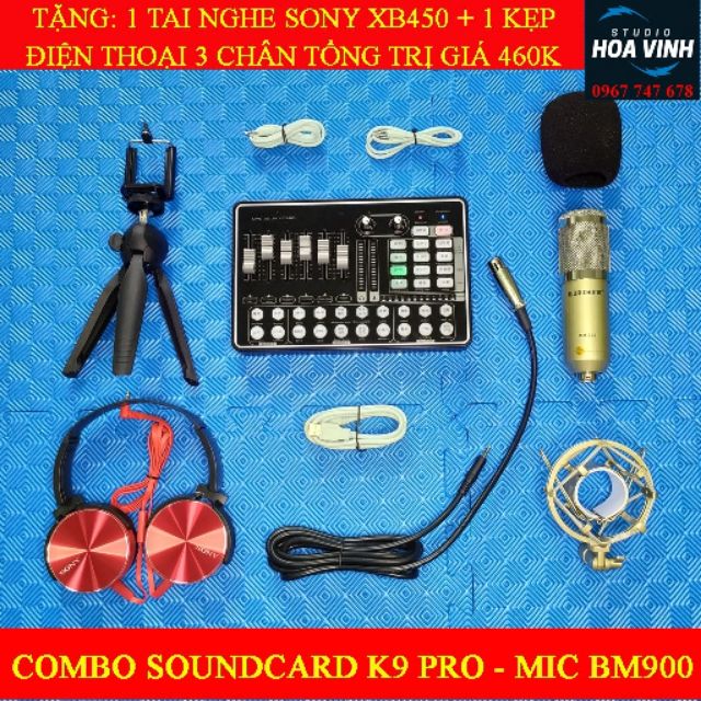 [Mã ELHACE giảm 4% đơn 300K] Combo bộ thu âm hát livestream Sound card K9 + Mic BM900 + Tặng kẹp điện thoại, tai nghe