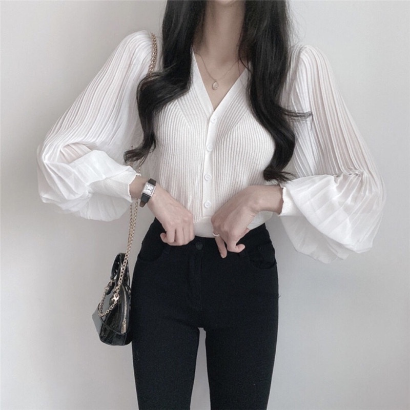 IELGY   Áo cardigan Cổ Chữ V Tay Phồng Phong Cách Thời Trang Pháp Dành Cho Nữ