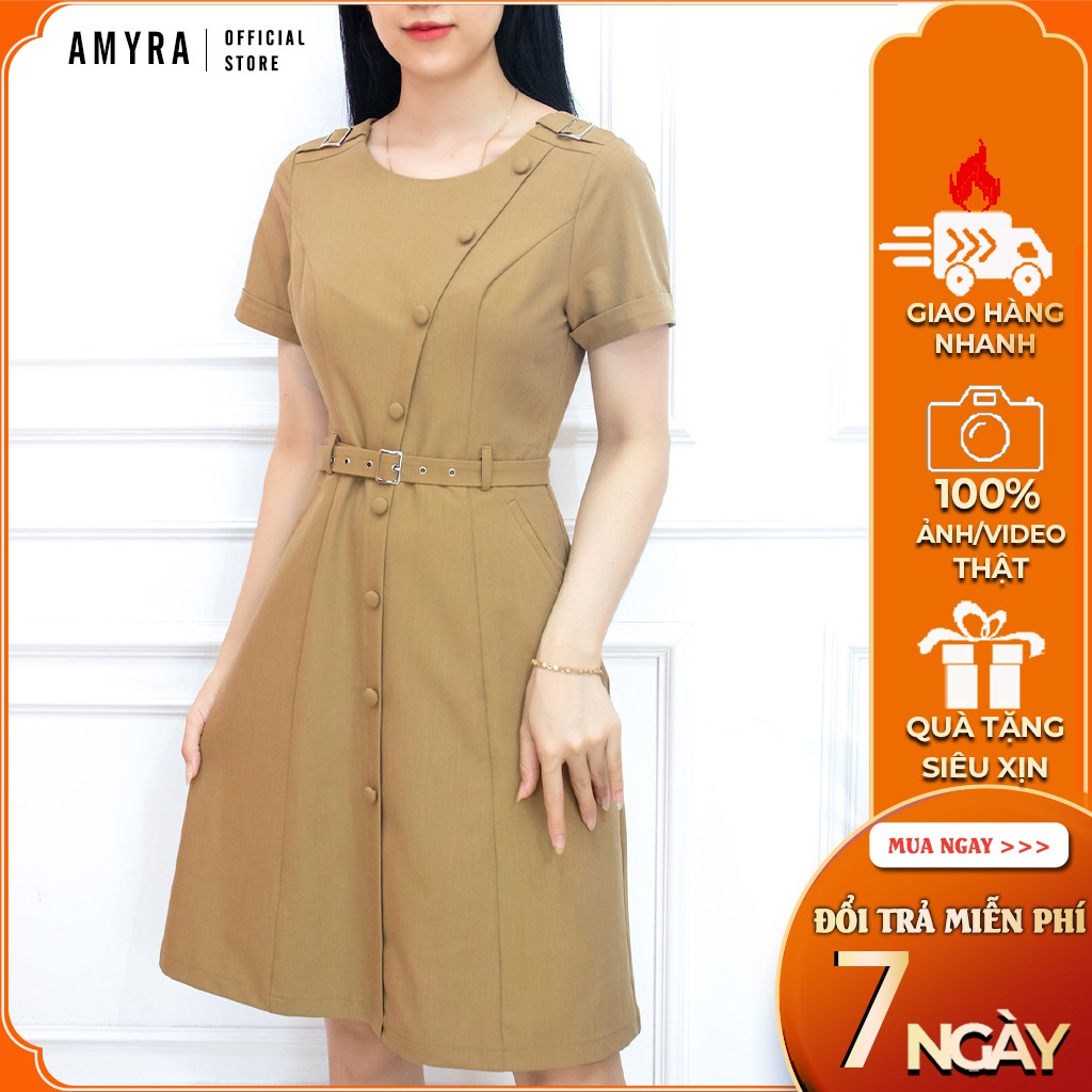 Váy công sở thiết kế nút bộc kiểu thanh lịch có đai nịt - Đầm dự tiệc dáng A sang trọng -  AMYRA Da036