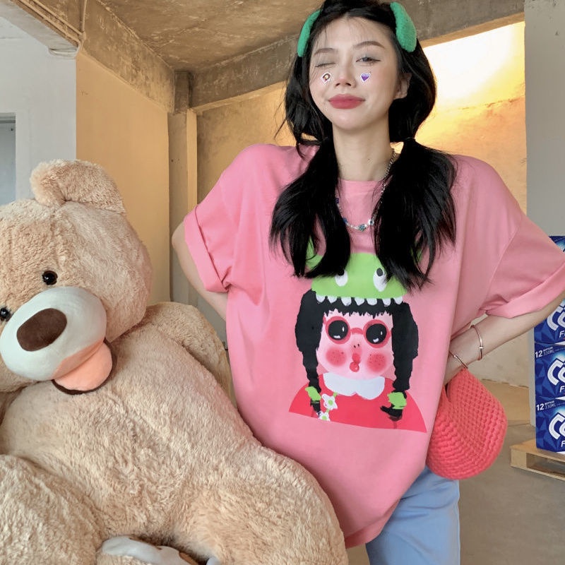 Áo Thun Tay Ngắn Dáng Rộng In Hoạt Hình Kiểu Hàn Quốc Thời Trang Mùa Hè Cho Nữ