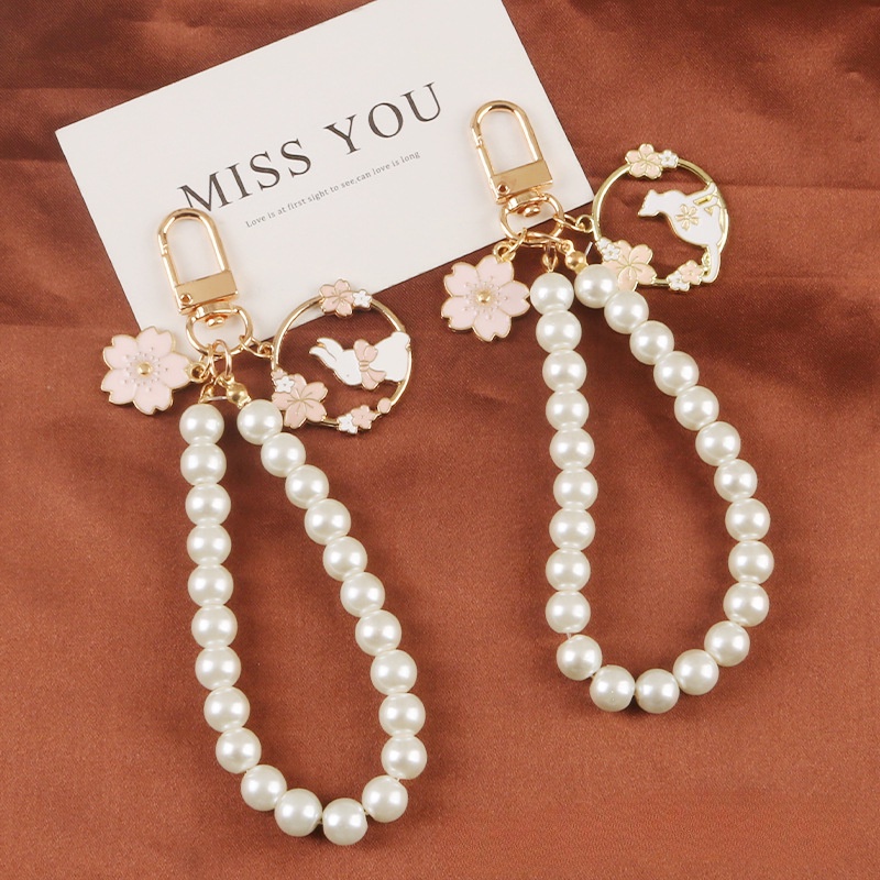 Móc Khóa Hình Thỏ / Mèo Bằng Kim Loại Đính Ngọc Trai Dễ Thương