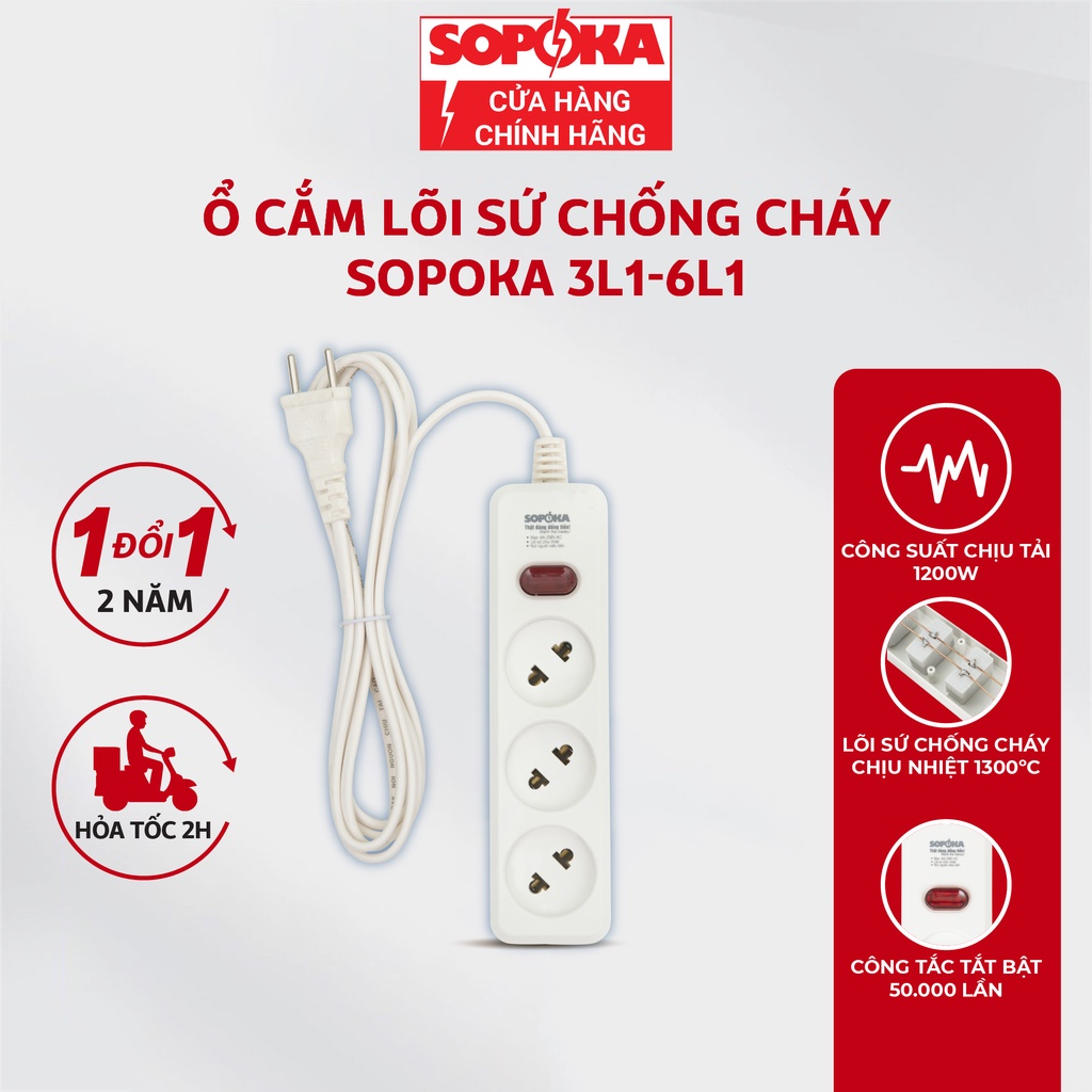 Ổ cắm điện liền dây chịu tải 1200W SOPOKA 3L1-6L1 công tắc an toàn