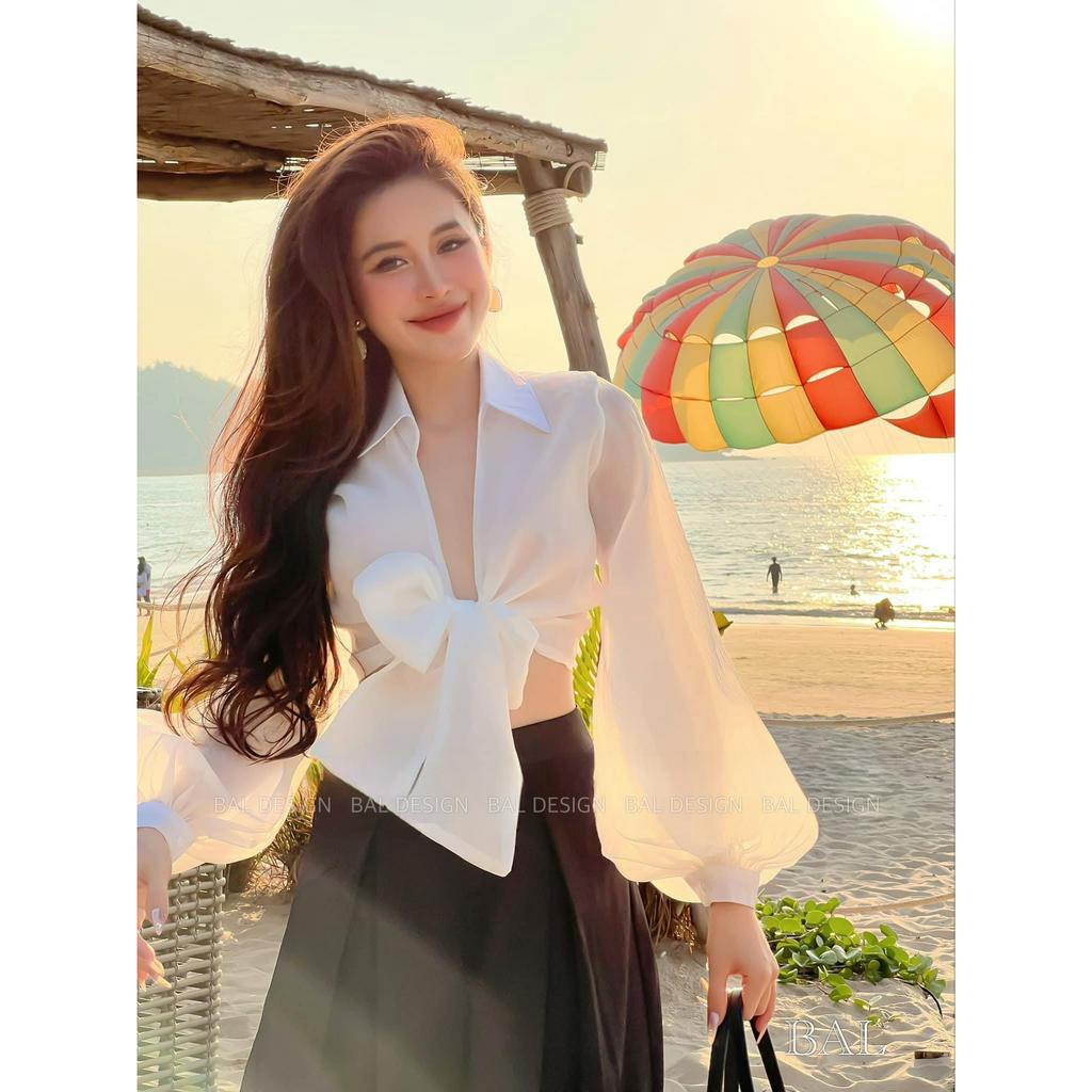 Set Bộ Đồ Nữ Áo Sơ Mi Đũi Croptop Thắt Nơ Dài Tay Mix Quần Umi Dáng Suông Rộng Đi Biển Freesize