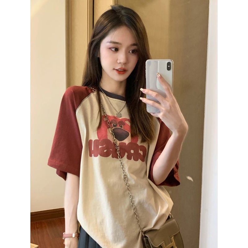 Jiashucheng Áo Thun Tay Ngắn Dáng Rộng In Họa Tiết Gấu Và Dâu Tây Thời Trang Mùa Hè 2023 Mới Cho Nữ