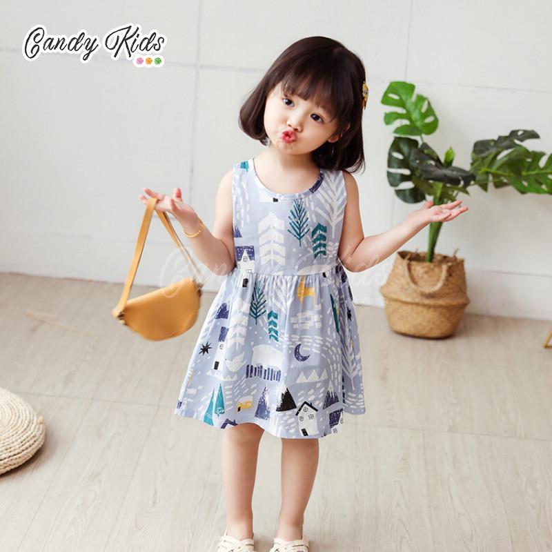 Đầm Công Chúa Sát Nách Vải Cotton In Hoạt Hình Dễ Thương Cho Bé Gái 2-8 Tuổi