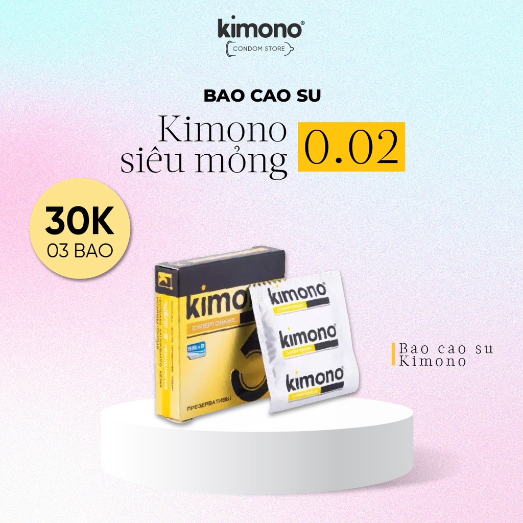 Bao cao su Kimono siêu mỏng 0.02mm màu vàng chứa vitamin B cấp ẩm bôi trơn hộp 3 bao