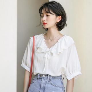 Áo sơ mi tay ngắn cổ chữ V phối bèo thời trang mùa hè 2020 cho nữ