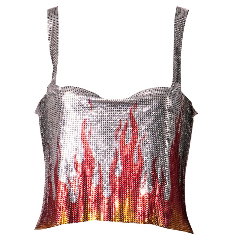 Brroa Áo Croptop Sát Nách Hở Lưng Đính Kim Sa Hình Ngọn Lửa Cho Nữ