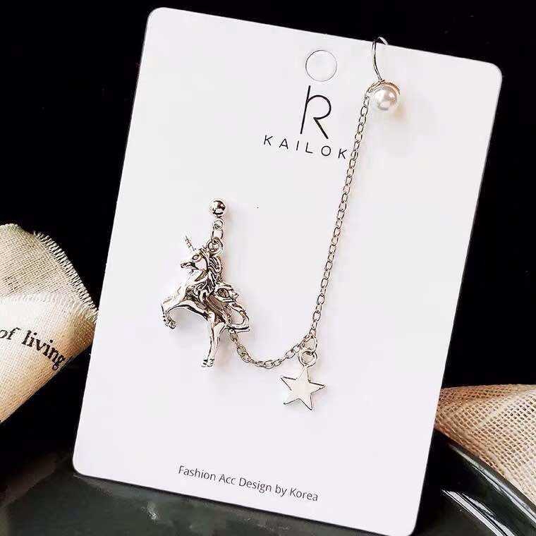 Bông tai dáng dài kèm khuyên xỏ tai với mặt hình Kỳ Lân phong cách Hàn Quốc thời trang cho nữ