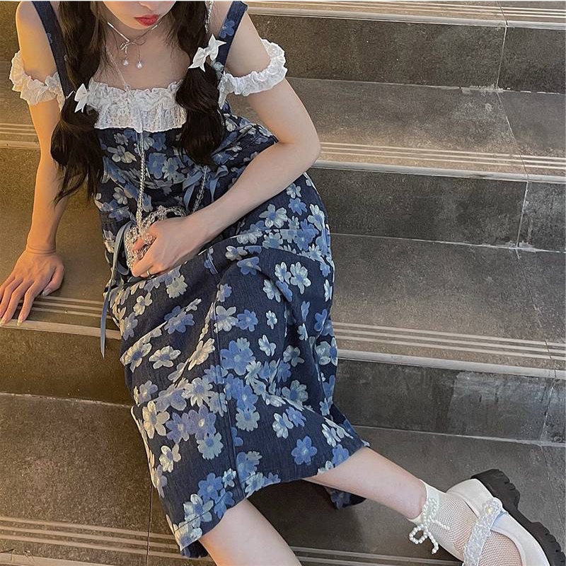 Đầm denim hai dây dáng rộng họa tiết hoa phong cách retro thời trang mùa hè trẻ trung dễ thương cho nữ