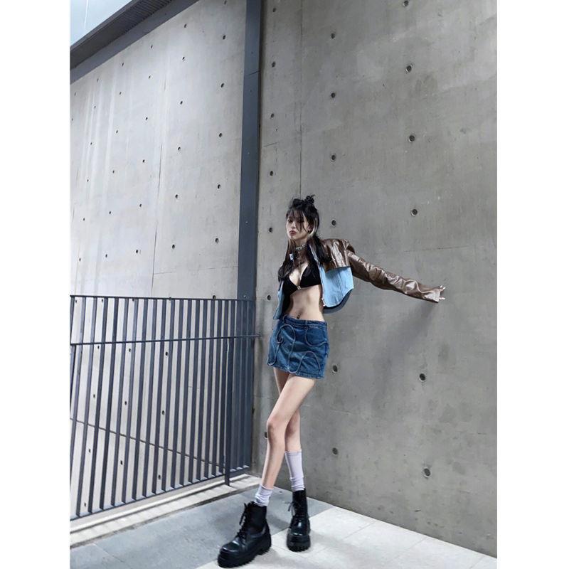 Áo Khoác Da Phối Màu Tương Phản Phong Cách Đường Phố Mùa Thu Cá Tính