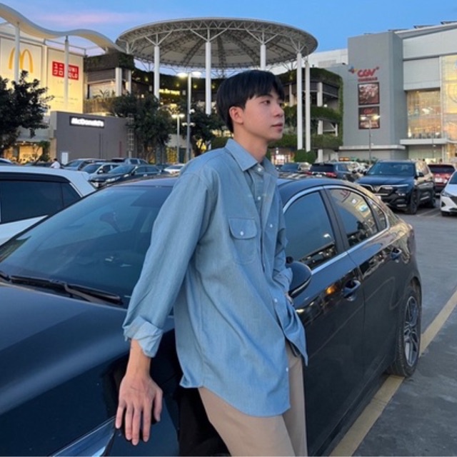 Áo sơ mi dài tay nam bò xanh, vải cotton hàn mịn, xịn, chuẩn form - Oversize - HALIOMAN
