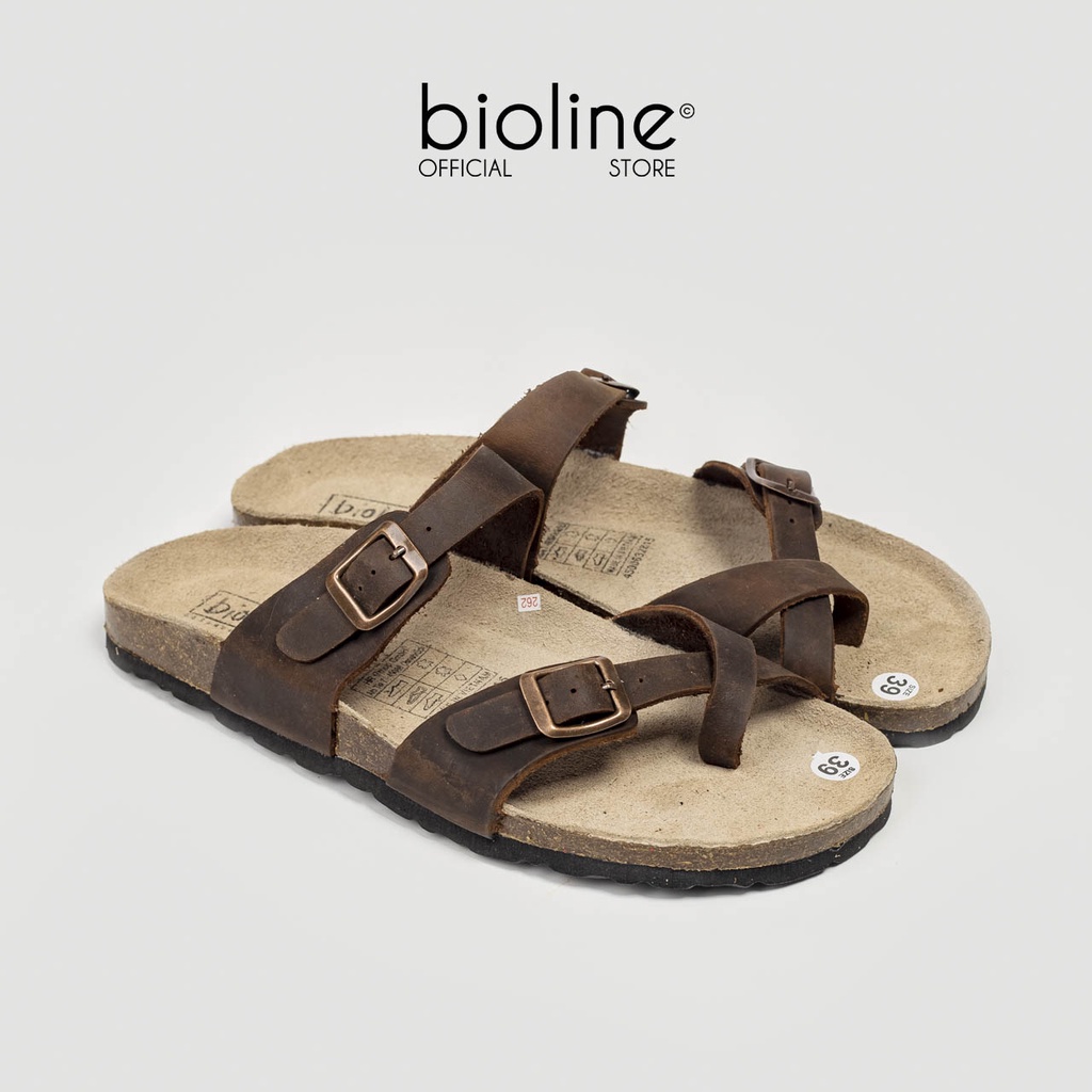 [DA BÒ THẬT] D06-Dép da bò xỏ ngón, quai chéo Birken Bioline Unisex (Đế trấu)