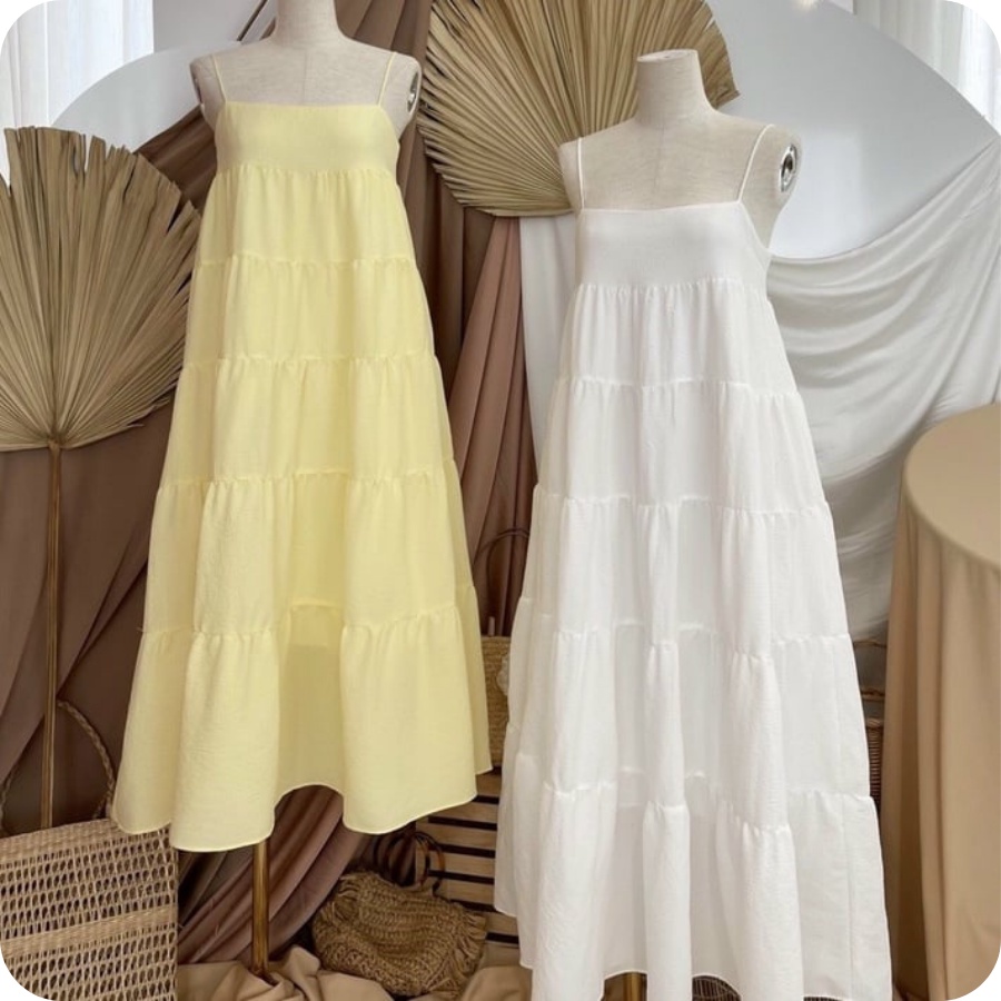 Đầm maxi 2 dây, đầm form babydoll thiết kế nhiều tầng tone màu pastel