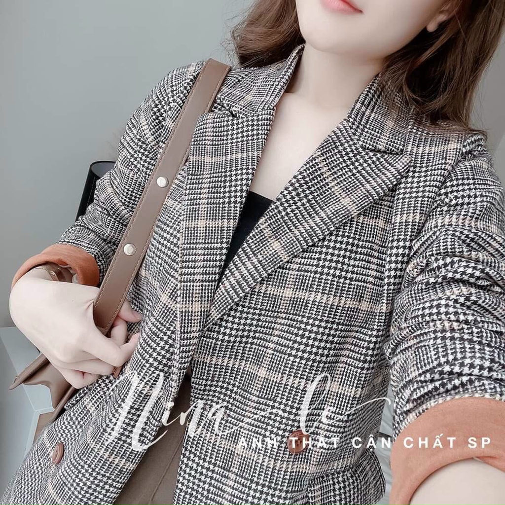Áo khoác dạ nữ cao cấp, Áo khoác blazer dạ kẻ 2 lớp tay gập pha be