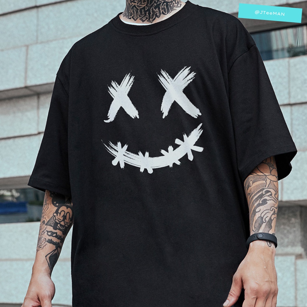 Áo thun Unisex tay lỡ form rộng in họa tiết miệng cười JTeeMan, áo thun Unisex phong cách cá tính vải cotton JT25