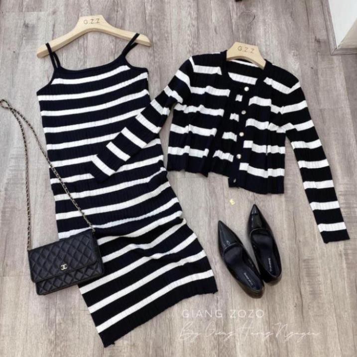 BÁN SỈ SÉT ÁO LEN KẺ KÈM VÁY 2S QC CHO NỮ