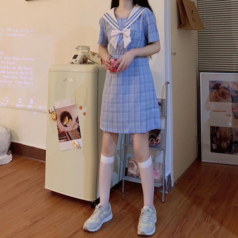 Đầm Giả Hai Mảnh Cổ Thủy Thủ Dáng Ôm Họa Tiết Kẻ Sọc Thiết Kế Mới Ngọt Ngào Cho Nữ