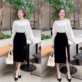 Set váy xẻ tà + áo lệch vai tay bồng