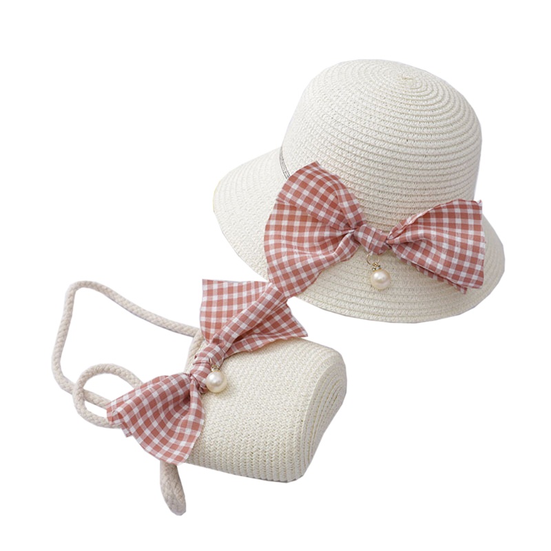 1 bộ nón cói rộng vành đính nơ thời trang đi biển mùa hè cho bé gái