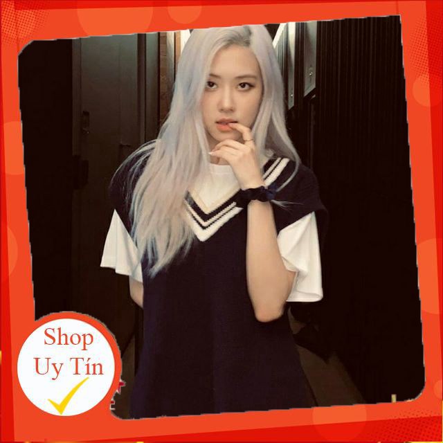 Hàng nhập khẩu (Sẵn size L) Áo gile nữ sinh Rose BLACKPINK - Chân váy ngắn xếp ly Liên