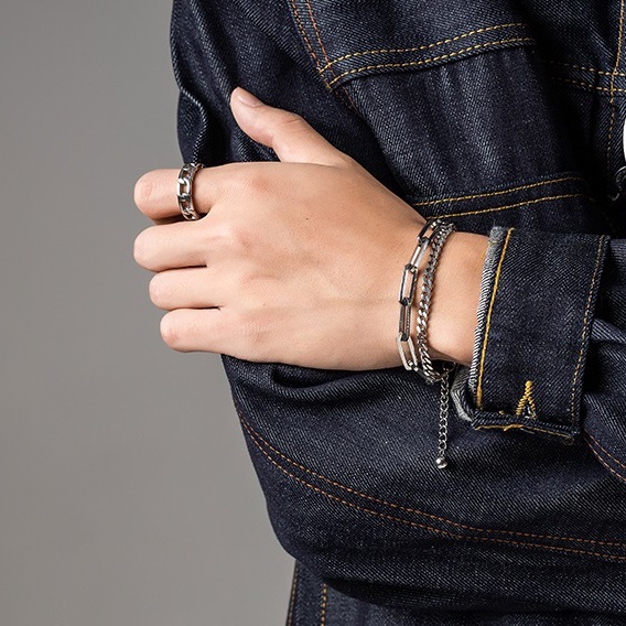 Vòng Tay Bạc Nam Unisex cá tính Đẹp Ngầu Cuban Dây Xích Kamenra 2 Lớp Kèm Nhẫn Lucifer Store Lắc Tay Phong Cách -Kamenra