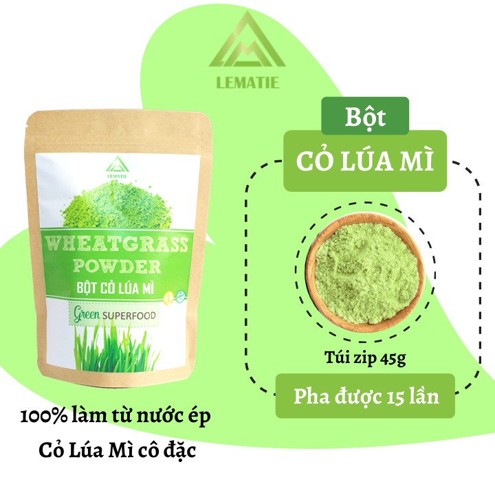 Bột cỏ lúa mì sấy lạnh nguyên chất Lematie giảm cân, detox, eat clean, bột đã được kiểm nghiệm, chứng nhận ATVSTP (45g)