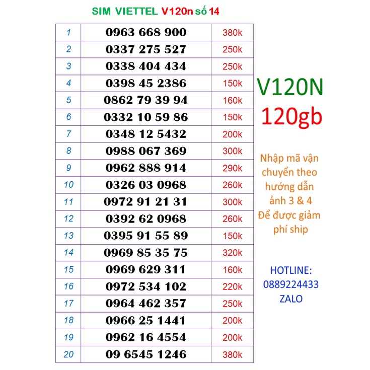 Sim viettel 10 số V120n số 14 (120k = 120gb 1 tháng, nghe gọi miễn phí nội mạng, liên mang)