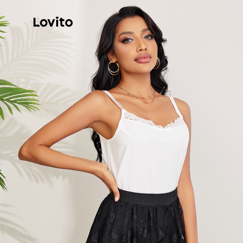 Áo sát nách Lovito màu trơn thiết kế cổ chữ V màu tương phản phong cách lãng mạn L27LD141 (màu trắng)