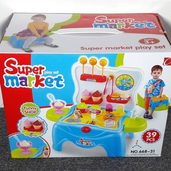 Hộp quầy bán kem 39 pcs Bộ ghế Super Market 2 in 1 cao cấp cho bé BLUE - 668-31