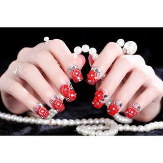 Bộ 24 móng tay giả đính đá đỏ kèm keo + Tặng kèm miếng dán/ dũa móng
