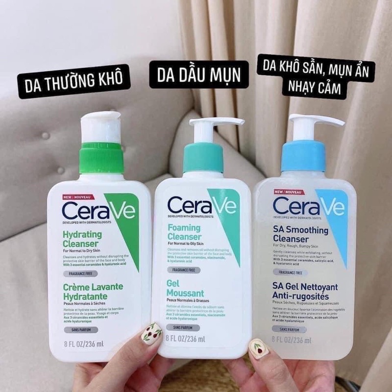 Sữa Rửa Mặt Cerave Da Dầu Da Khô & Da Hỗn Hợp Đủ Bill, Size nội địa pháp