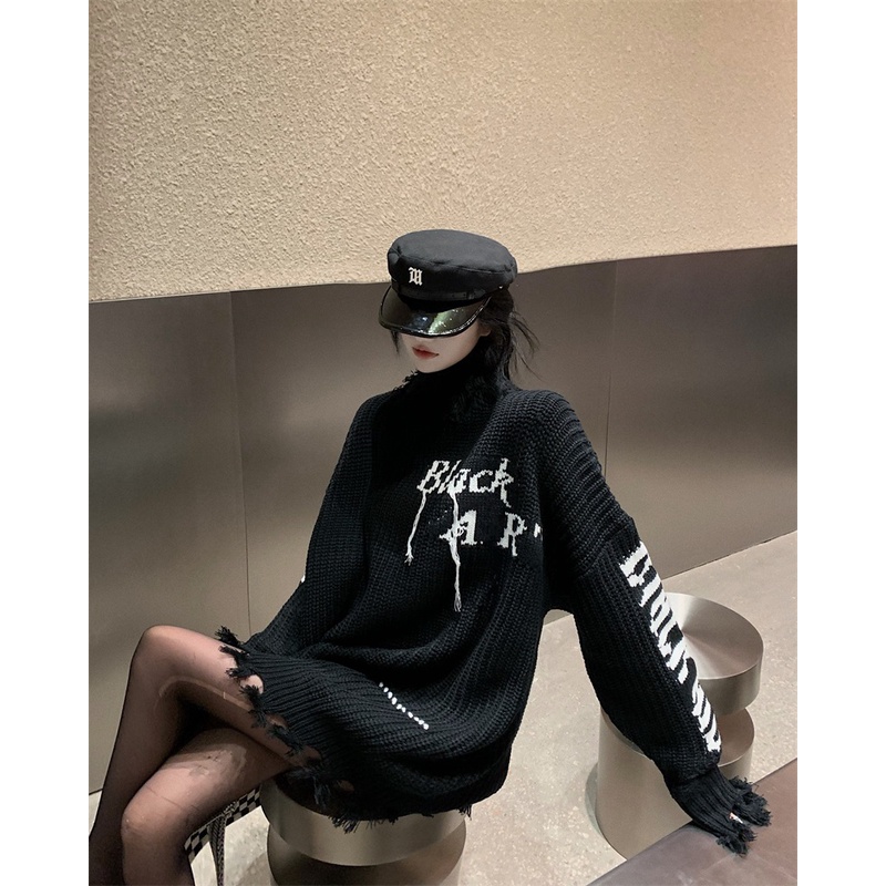 Áo sweater Dệt Kim Cổ Cao Màu Đen Thiết Kế Rách Phong Cách Hàn Quốc Cho Nữ