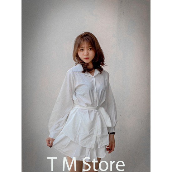 Set váy nữ chân váy - quần đùi, áo sơ mi kèm đai buộc, bộ đồ nữ hack dáng, tạo eo thon gọn vải đũi mát | BigBuy360 - bigbuy360.vn