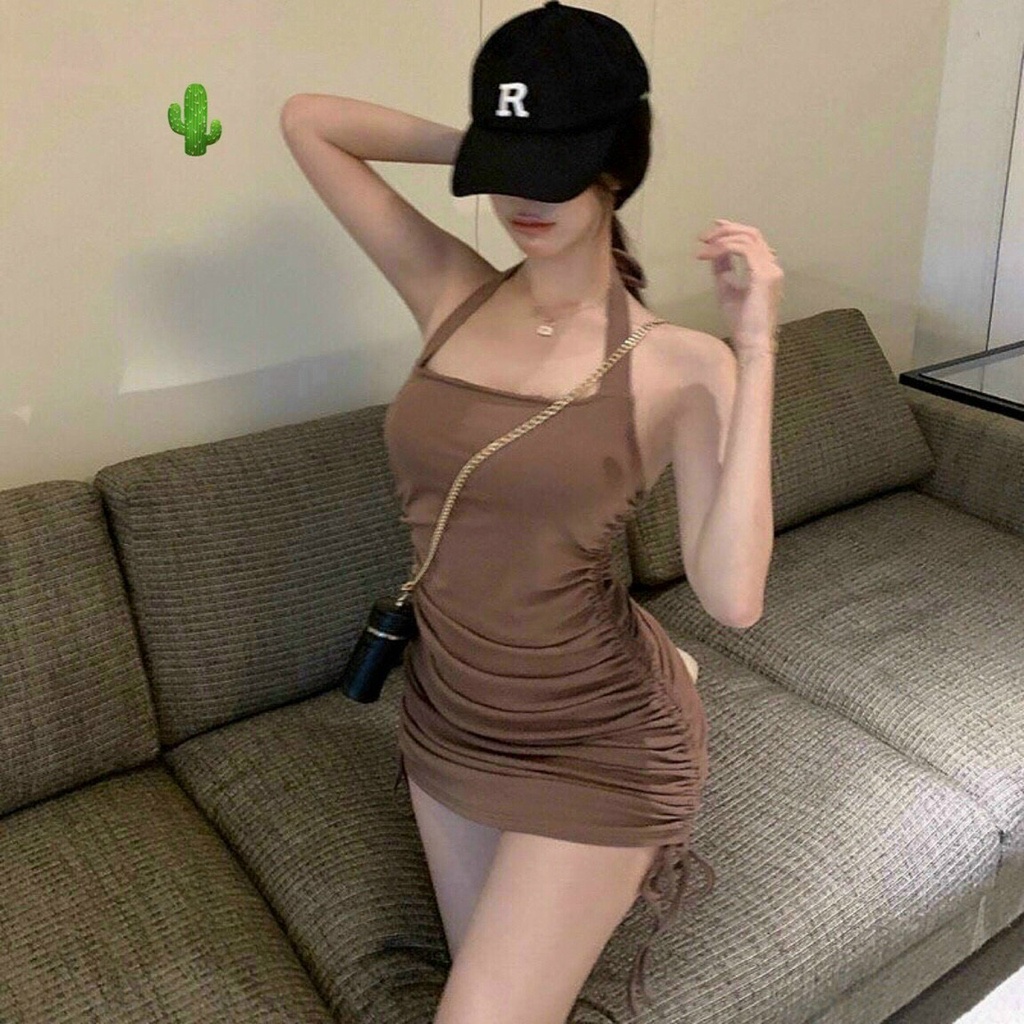 đầm yếm đeo cổ phối rút dây 2 bên sườn nhún chất bozip p