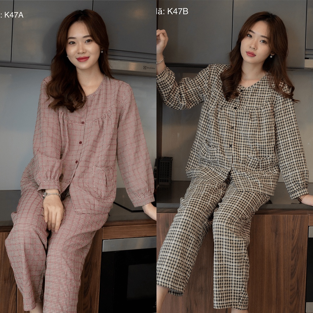 Đồ bộ pijama dài tay áo quần có túi kẻ caro cao cấp mềm mịn, mát khi mặc
