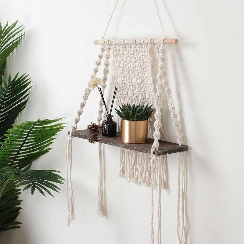 Macrame Wall Hanging Rope Floating Shelf Floating Plant Rack Boho Tapestry Home Decor 17.7X38.6Inch(Brown)