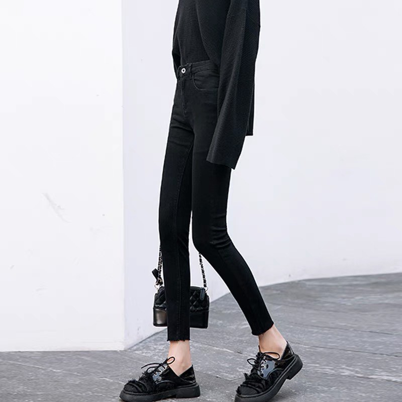 [60kg~85kg] Quần bò jean nữ dài 9 tấc màu đen tuyền, tua lai dành cho Bigsize 2739