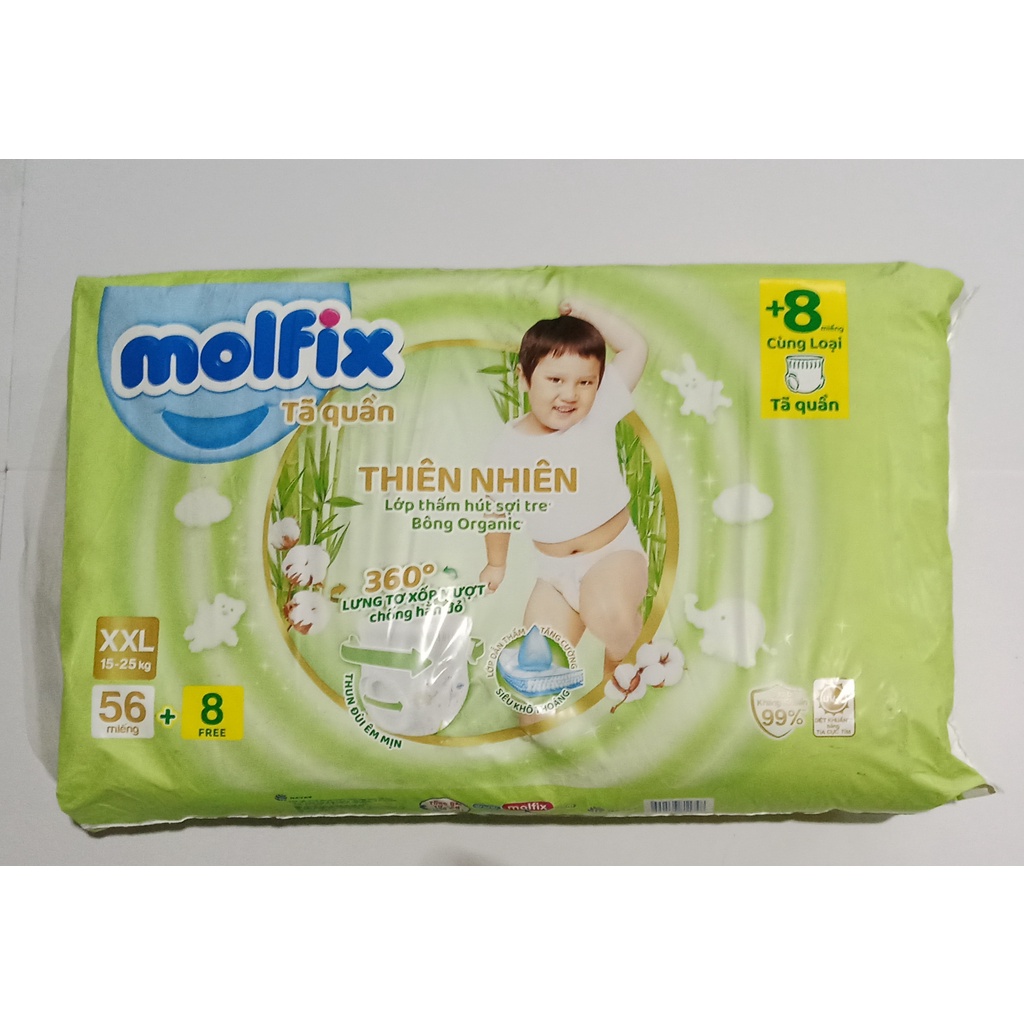 [Tặng thêm 8 miếng]Tã/bỉm quần Molfix organic các size M76/ L68 /Xl62 / XXL56 miếng