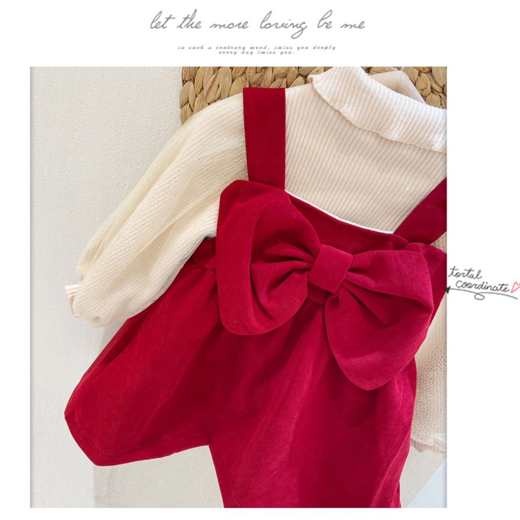 SET VÁY NHUNG ĐỎ NƠ NGỰC + ÁO THUN HÀNG XUẤT CHO BÉ GÁI -Q10000