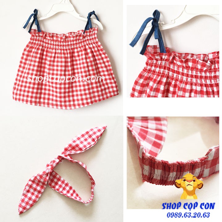 Set áo dây caro, quần jean phồng, băng đô (14-30kg)