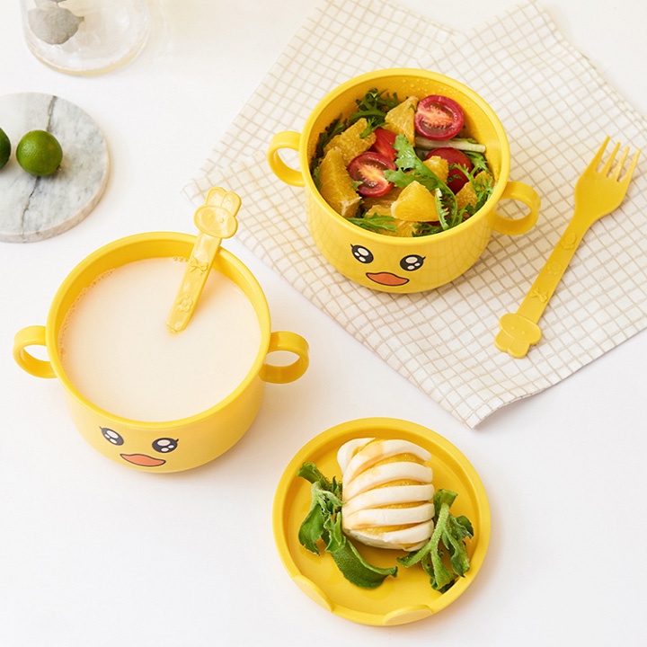Set khay ăn dặm, cốc, bát hình vịt vàng chất liệu lúa mạch cho bé