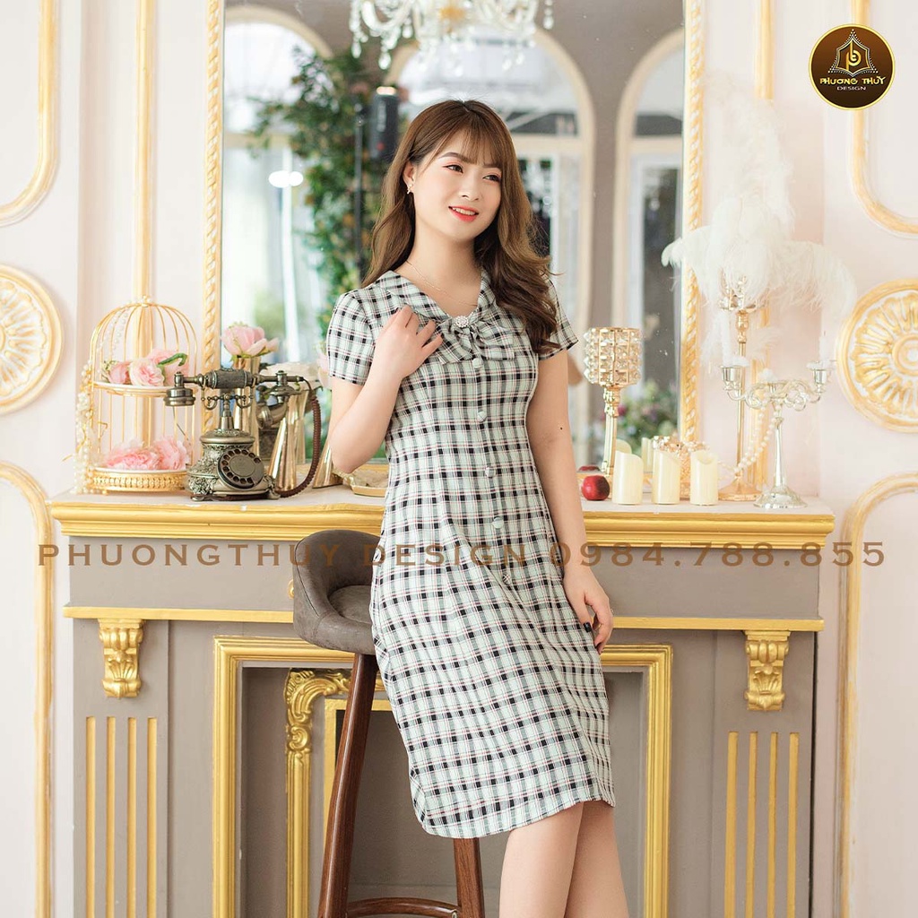 Đầm xuông cổ nơ kẻ gân hàn cao cấp
