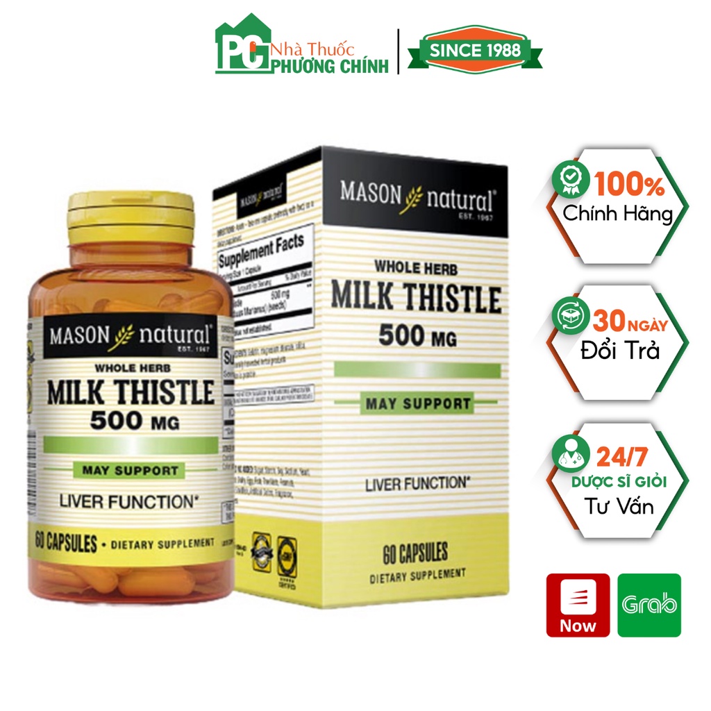 Viên Uống Giải Độc Gan Mason Natural Milk Thistle 500mg - Giúp Giải Độc Gan, Hạ Men Gan (Hộp 60 Viên)
