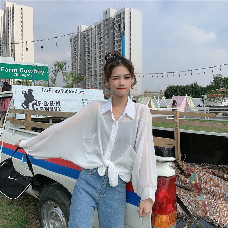 SUXI Áo Sơ Mi Trắng Vải Chiffon Tay Dài Chống Nắng Thời Trang Mùa Hè Cho Nữ