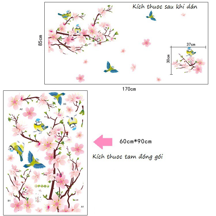 Decal dán tường Đào hồng và chim - DH002 - PVC vinyl